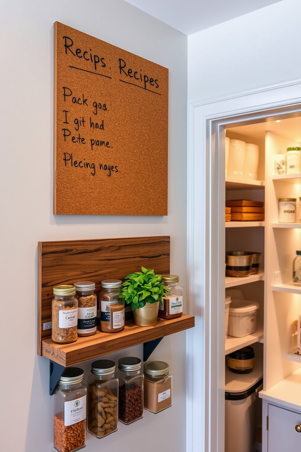 A corkboard for notes and recipes is mounted on the wall above a rustic wooden shelf. The shelf is filled with jars of spices and a small potted herb plant adds a touch of greenery. The walk-in pantry features custom shelving that maximizes storage space. Soft, warm lighting illuminates the area, showcasing neatly organized containers and a small countertop for meal prep.