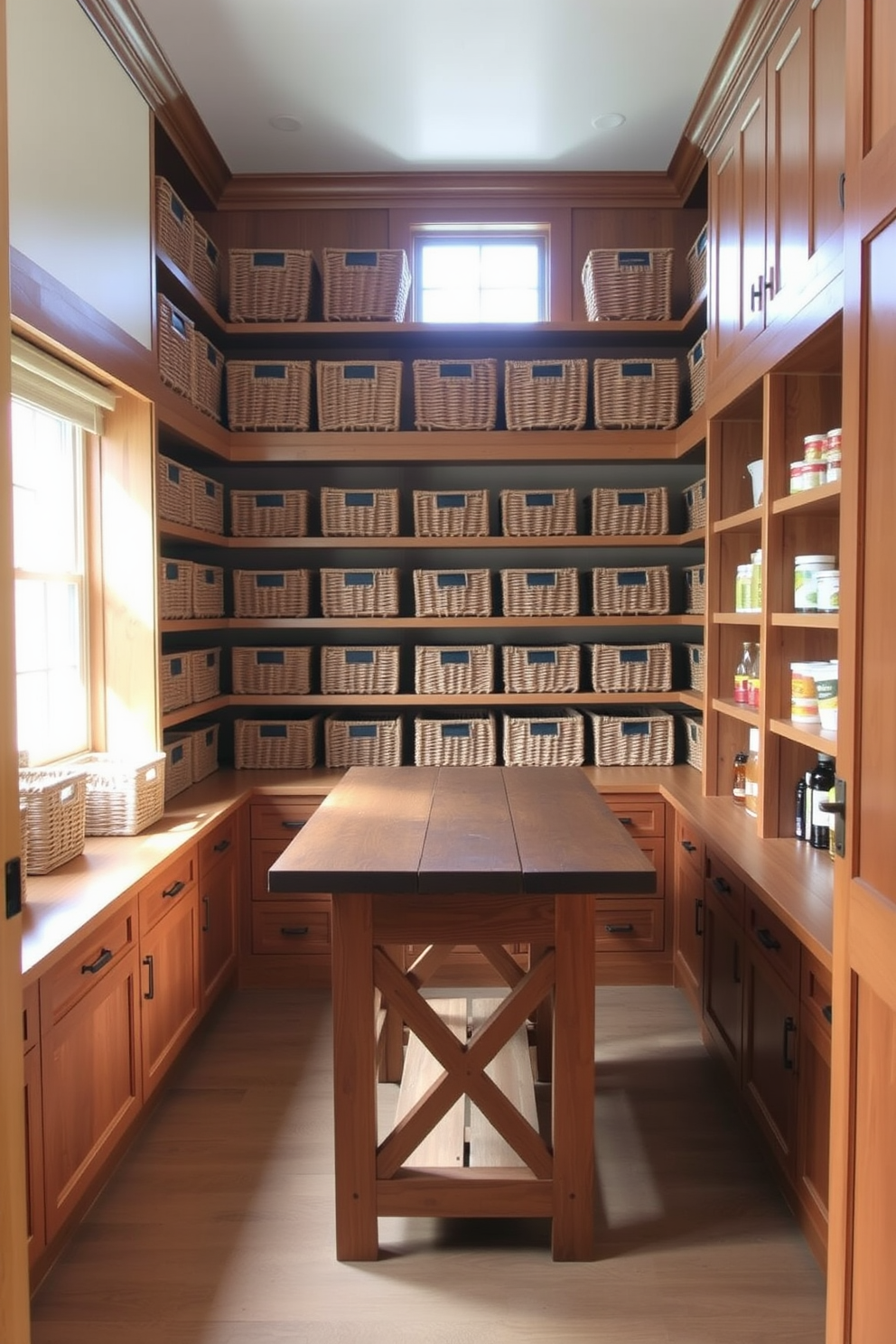 A walk-in pantry designed for functionality and style. The space features woven bins arranged neatly on wooden shelves, creating a natural look that complements the warm tones of the cabinetry. Sunlight streams in through a window, illuminating the organized layout. A rustic wooden table sits in the center, providing a perfect spot for meal prep and additional storage.