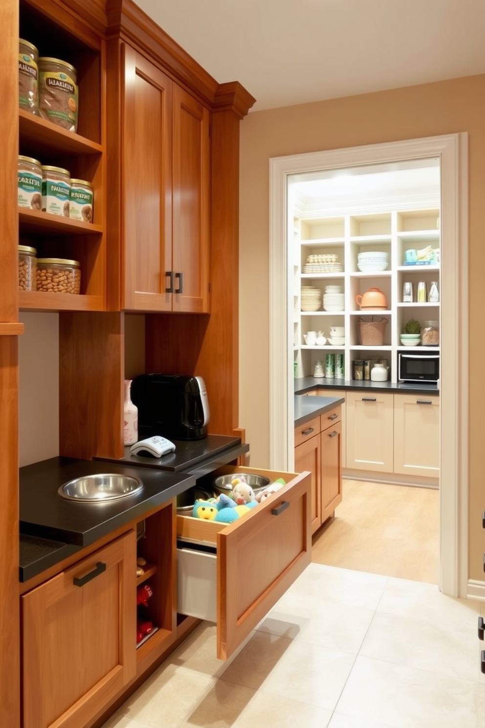 A dedicated pet food storage area features custom cabinetry designed to hold food and supplies. The space includes a built-in feeding station with elevated bowls and a pull-out drawer for treats and toys. The walk-in pantry is designed with open shelving for easy access to ingredients and a designated section for small appliances. A countertop workspace is included for meal prep, and the walls are painted in a soft, inviting color to create a warm atmosphere.