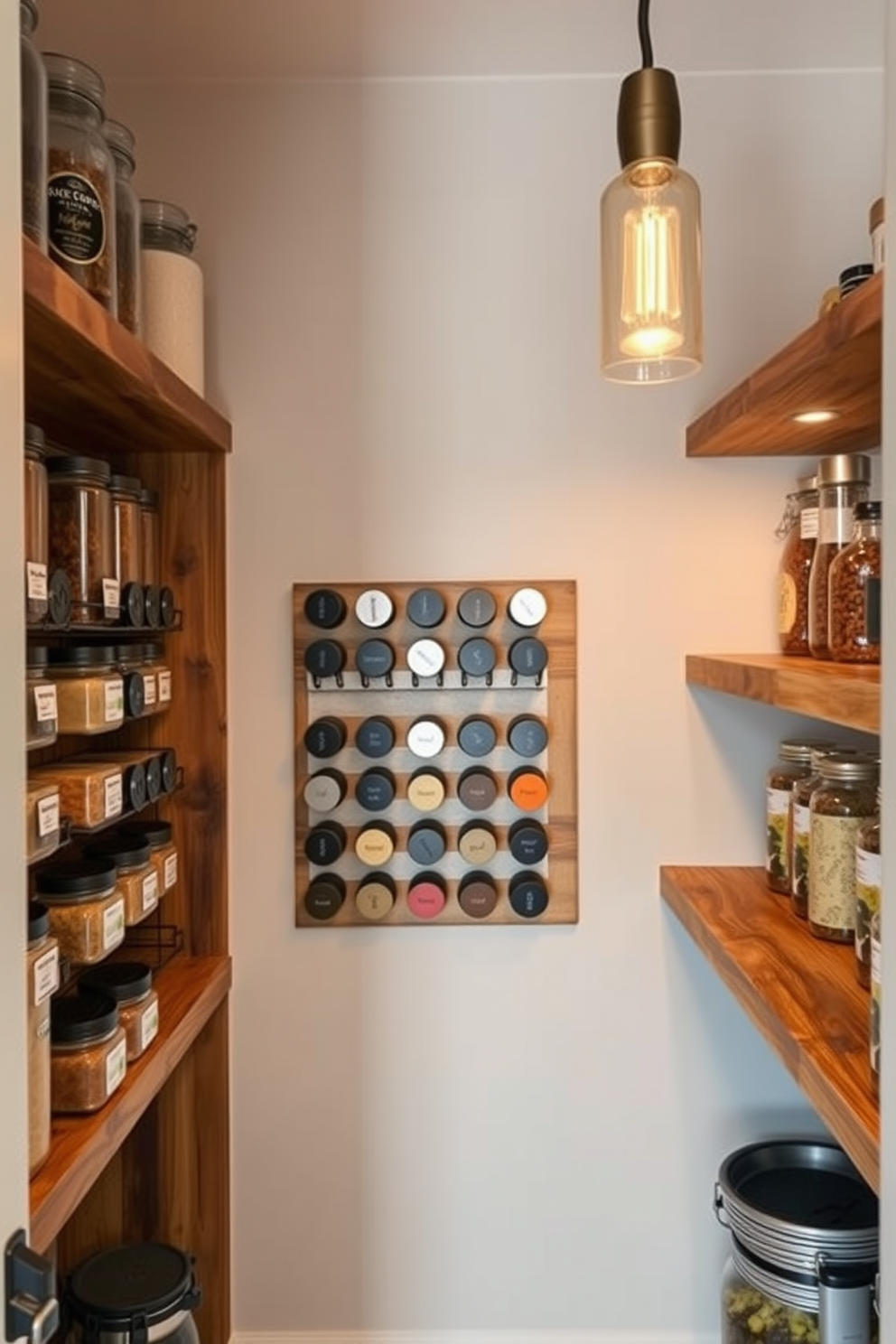 A stylish walk-in pantry featuring magnetic spice jars neatly arranged on the wall. The shelves are made of reclaimed wood, and the space is illuminated by warm pendant lighting that creates an inviting atmosphere.