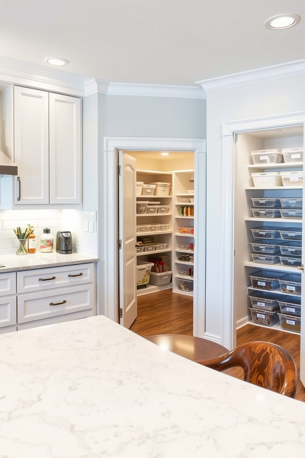 A spacious kitchen featuring a large countertop designed for meal prep. The countertop is made of durable quartz with a subtle veining pattern, complemented by under-cabinet lighting that highlights its surface. Adjacent to the kitchen, a walk-in pantry offers ample storage with custom shelving. The pantry is organized with clear containers and labeled bins, ensuring easy access to ingredients and essentials.