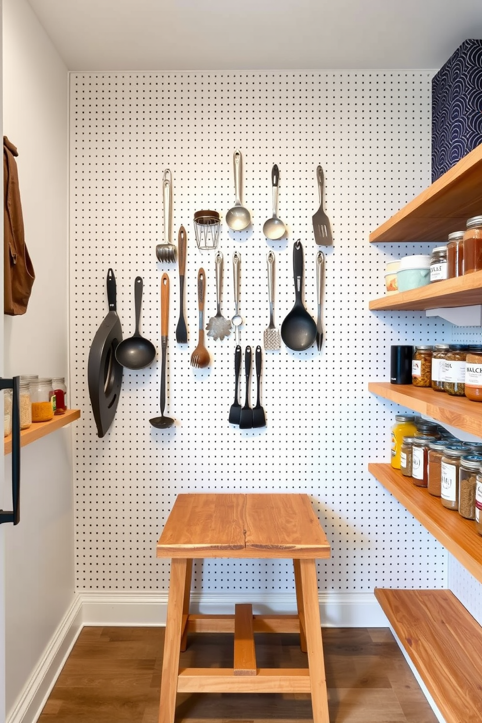 A modern walk-in pantry featuring a pegboard wall for hanging utensils and tools. The pegboard is painted in a soft white color, providing a clean backdrop for various kitchen tools and accessories neatly organized and easily accessible. The pantry includes open shelving made of natural wood, showcasing jars of spices and dry goods. A small, rustic wooden table sits in the center, providing additional workspace and a cozy atmosphere.