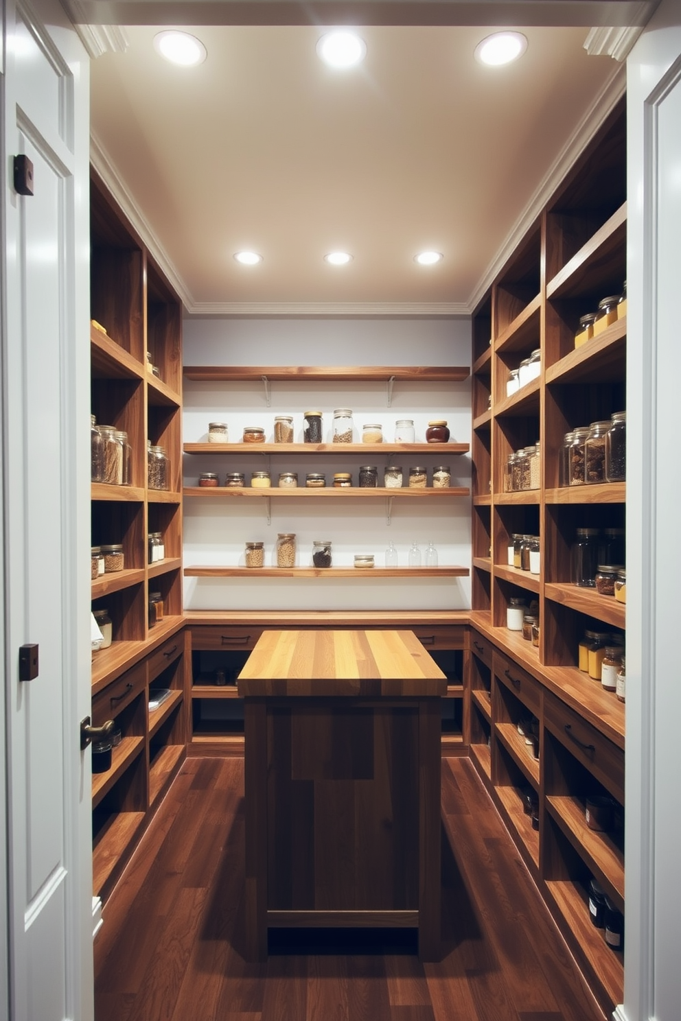 A spacious walk-in pantry with open shelving made of reclaimed wood. The walls are painted in a soft white, and recessed lighting illuminates the space, creating a modern touch. The pantry features a large island in the center with a butcher block countertop. Glass jars filled with dry goods are neatly arranged on the shelves, adding both functionality and style.