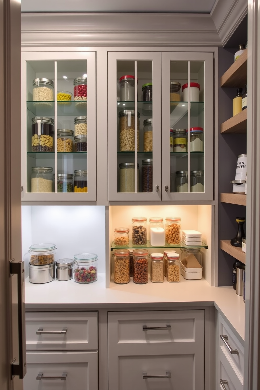 A contemporary walk-in pantry featuring glass front cabinets that showcase neatly organized jars and containers. The cabinets are complemented by a sleek countertop and ambient lighting that highlights the stylish display of kitchen essentials.