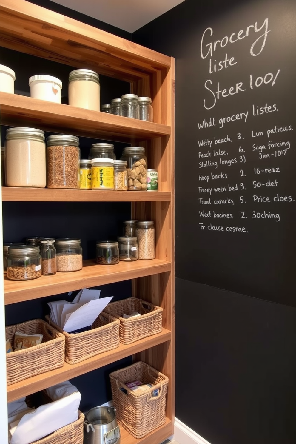 A functional and stylish walk-in pantry features a chalkboard wall designated for grocery lists. The space includes open shelving made of reclaimed wood, neatly organized jars, and baskets for easy access to dry goods.