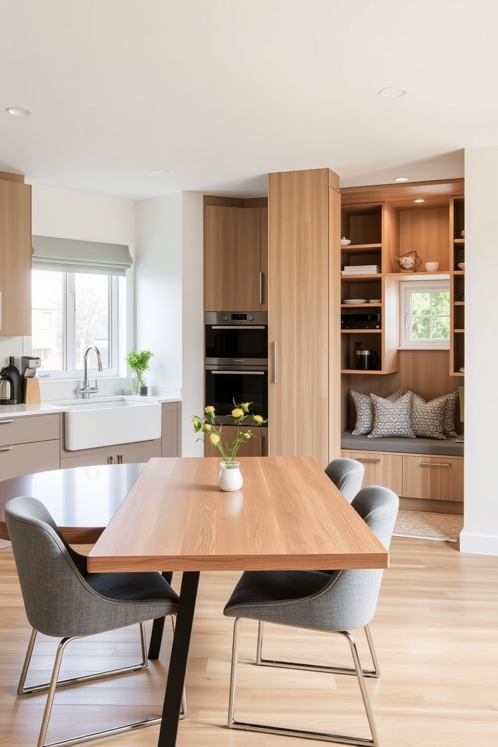 A modern kitchen featuring a sleek foldable table that seamlessly extends for extra surface area. The table is crafted from light oak with minimalist metal legs, surrounded by stylish, upholstered chairs in a soft gray fabric. A spacious walk-in pantry designed for functionality and organization. It includes custom shelving units, a dedicated area for small appliances, and a cozy nook with a window seat for added charm.