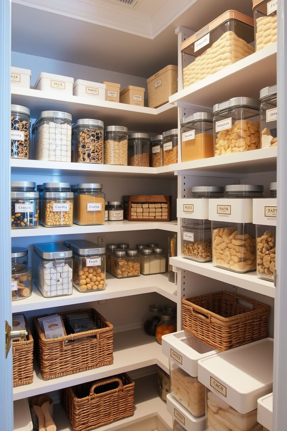 A walk-in pantry featuring clear containers for easy visibility. The shelves are organized with labeled jars and baskets, creating a streamlined and functional space.