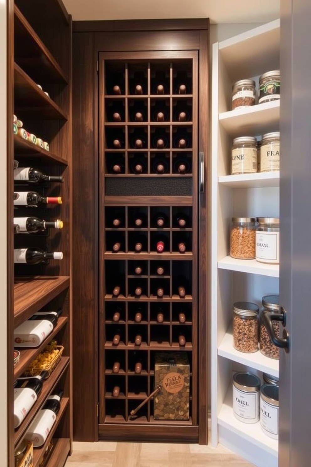 A stylish walk-in pantry featuring a wine rack seamlessly integrated into the design. The wine rack is made of dark wood and holds several bottles, while the pantry shelves are stocked with neatly organized jars and containers.