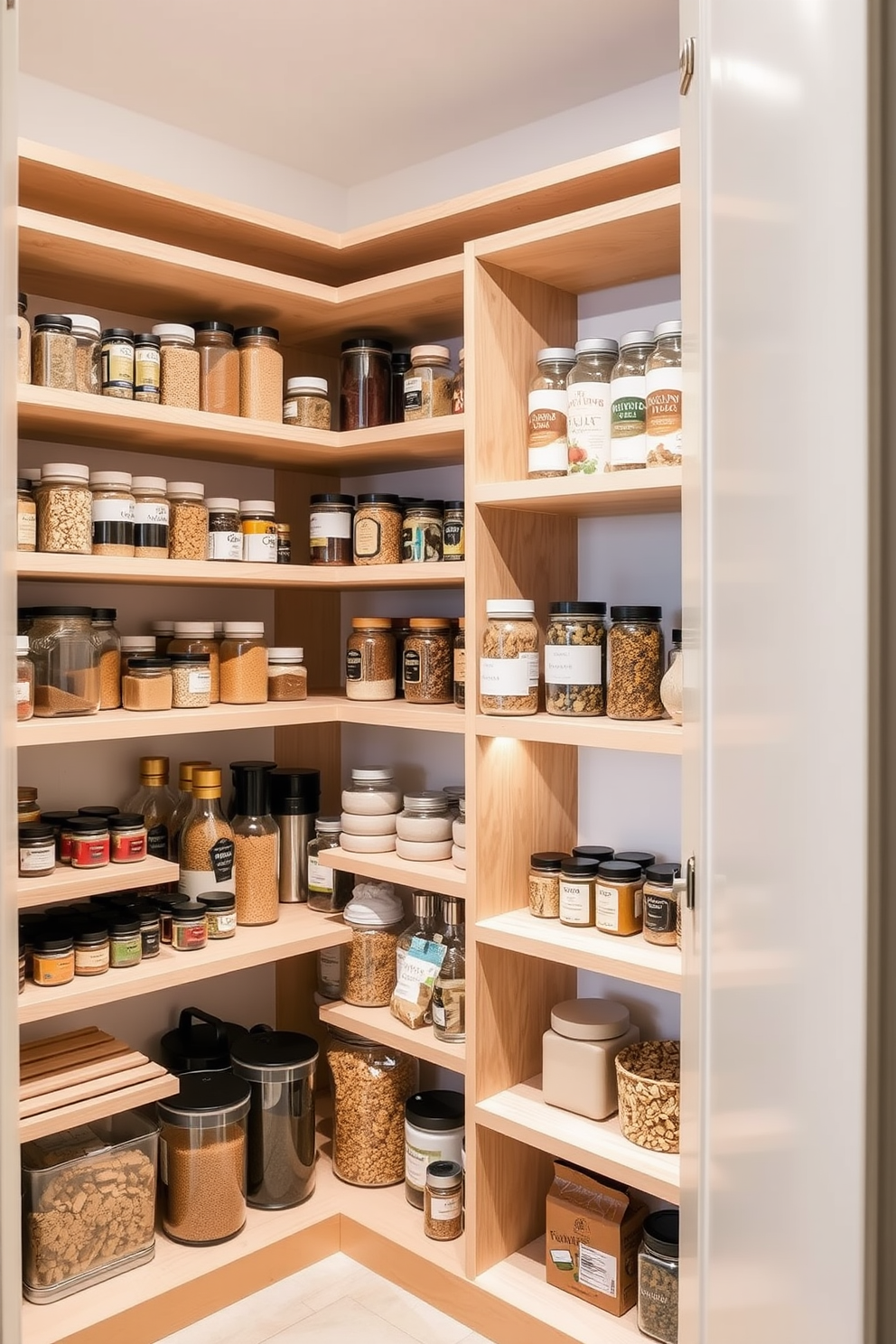 A modern walk-in pantry with corner shelves that maximize space efficiency. The shelves are made of light wood and neatly organized with jars and containers, showcasing a variety of spices and dry goods.