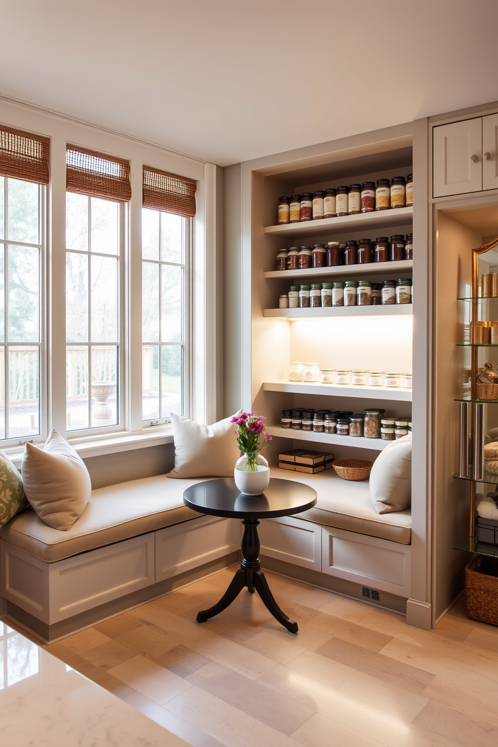 A cozy nook features built-in seating with plush cushions and a small round table. Large windows allow natural light to fill the space, creating an inviting atmosphere. The walk-in pantry showcases custom shelving that maximizes storage efficiency. Soft lighting highlights the organized shelves filled with neatly arranged jars and containers.