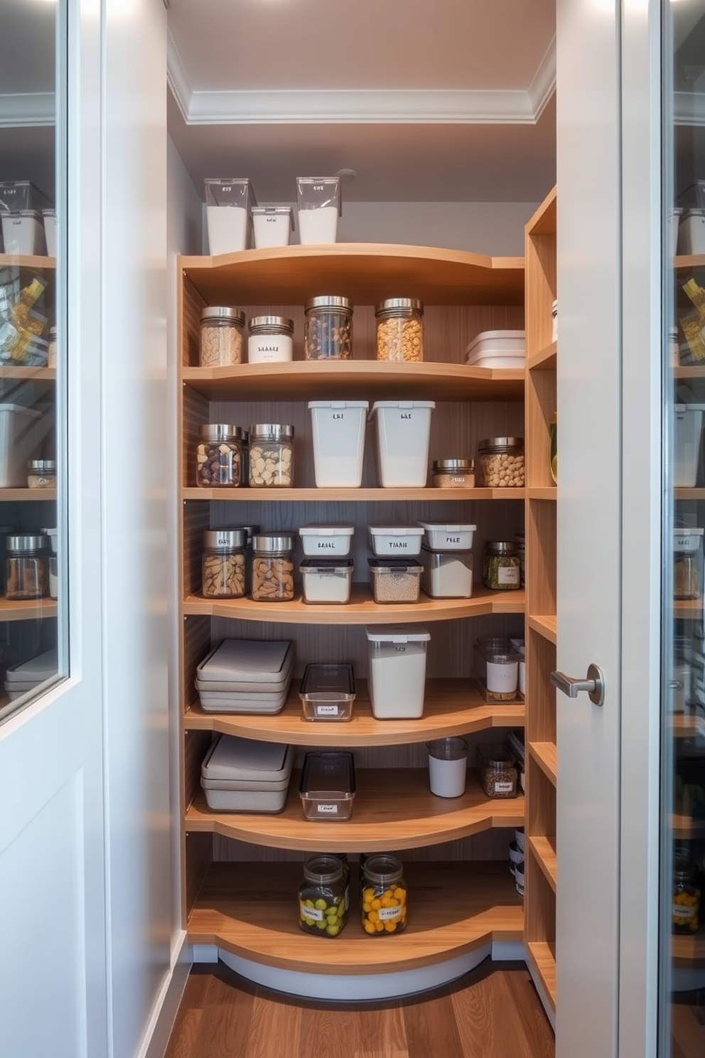 A modern walk-in pantry featuring rotating shelves for easy access. The shelves are made of sleek wood, organized with clear storage containers and labeled jars for a tidy look.