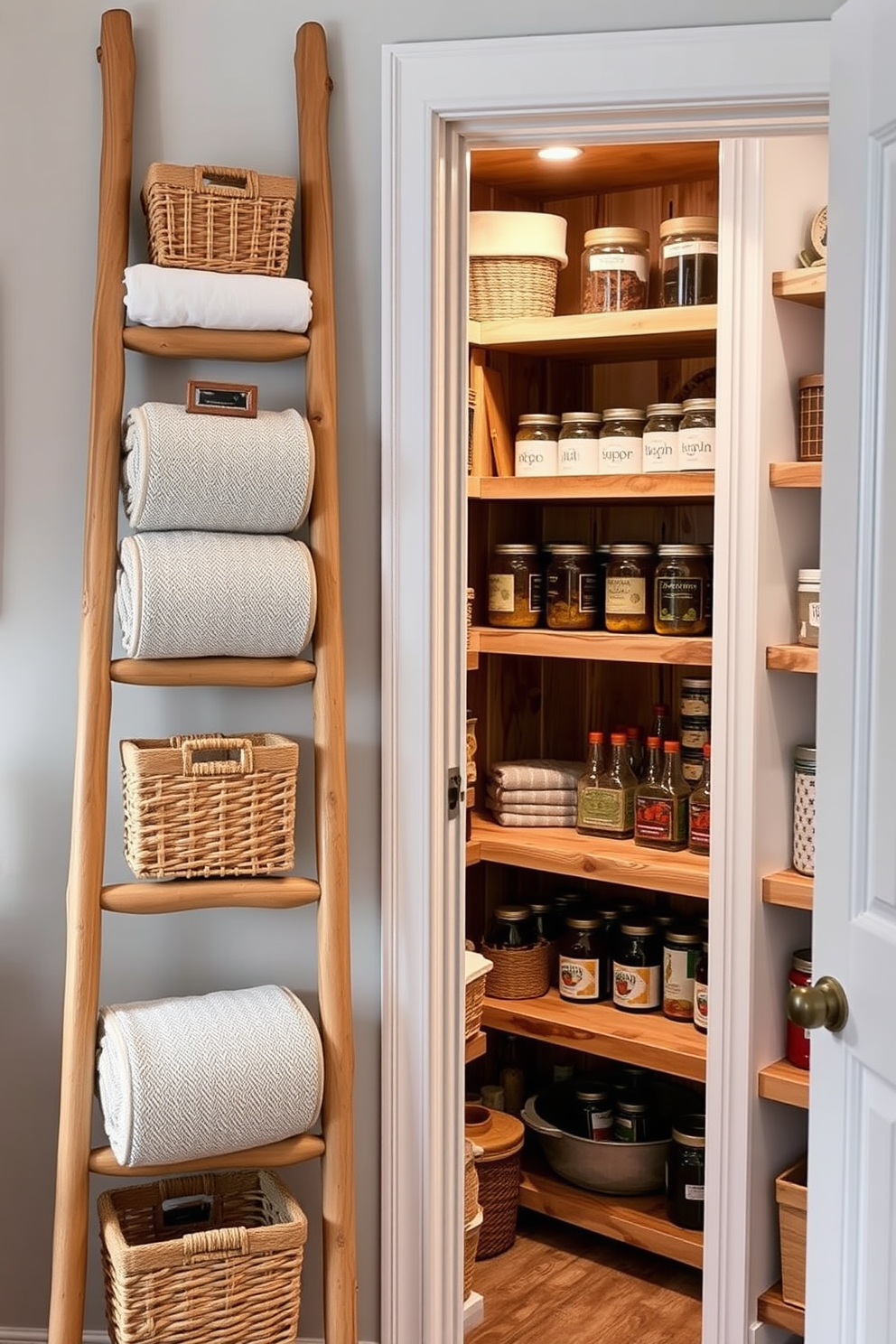 A decorative ladder is leaning against the wall, showcasing neatly folded blankets and decorative baskets. The ladder is made of natural wood, adding warmth to the space while enhancing the overall aesthetic. The walk-in pantry features open shelving made of reclaimed wood, providing ample storage for jars and canned goods. Soft, ambient lighting illuminates the space, highlighting the organized layout and inviting atmosphere.