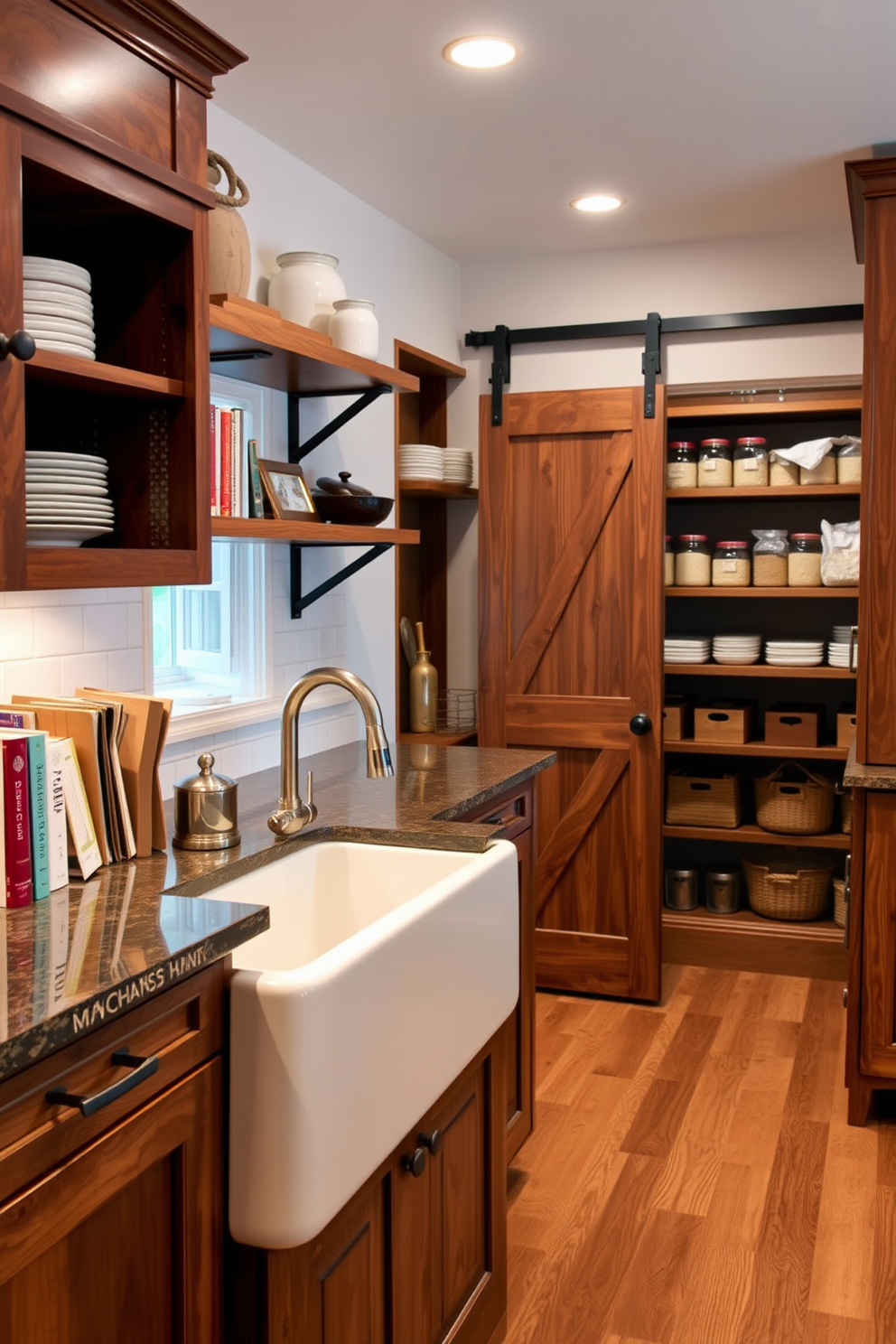 A farmhouse sink is the centerpiece of a spacious kitchen, crafted from durable porcelain with a deep basin for practical use. Surrounding the sink, there are rustic wooden cabinets and open shelving displaying neatly organized dishware and cookbooks. The walk-in pantry features custom shelving and ample storage for dry goods, with a sliding barn door adding charm to the design. Soft LED lighting illuminates the space, highlighting the neatly arranged jars and baskets for an inviting and functional atmosphere.