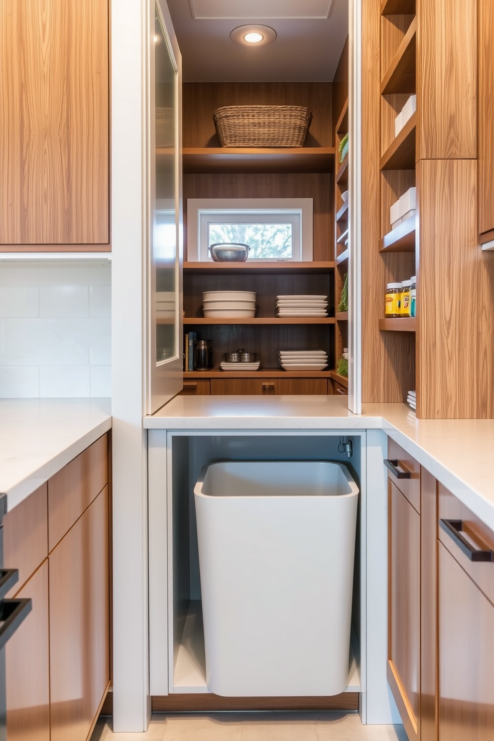 A hidden trash bin is seamlessly integrated into the cabinetry, ensuring a clean and clutter-free kitchen environment. The bin features a soft-close mechanism for quiet operation and easy access. The walk-in pantry is designed with open shelving and organized storage solutions, maximizing space and functionality. Natural light floods the area through a small window, creating an inviting atmosphere for meal prep and organization.