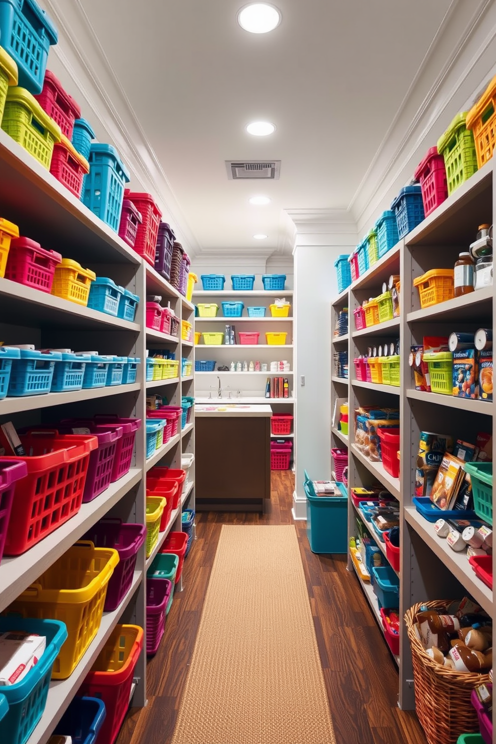 Colorful baskets for organized storage create a vibrant and functional atmosphere. The pantry features shelves lined with neatly arranged baskets in various sizes and colors, adding a playful touch while keeping items easily accessible. The walk-in pantry is spacious and well-lit, with ample shelving and a central island for additional workspace. A mix of open and closed storage options allows for both display and concealment of pantry essentials, creating an inviting and efficient food storage area.