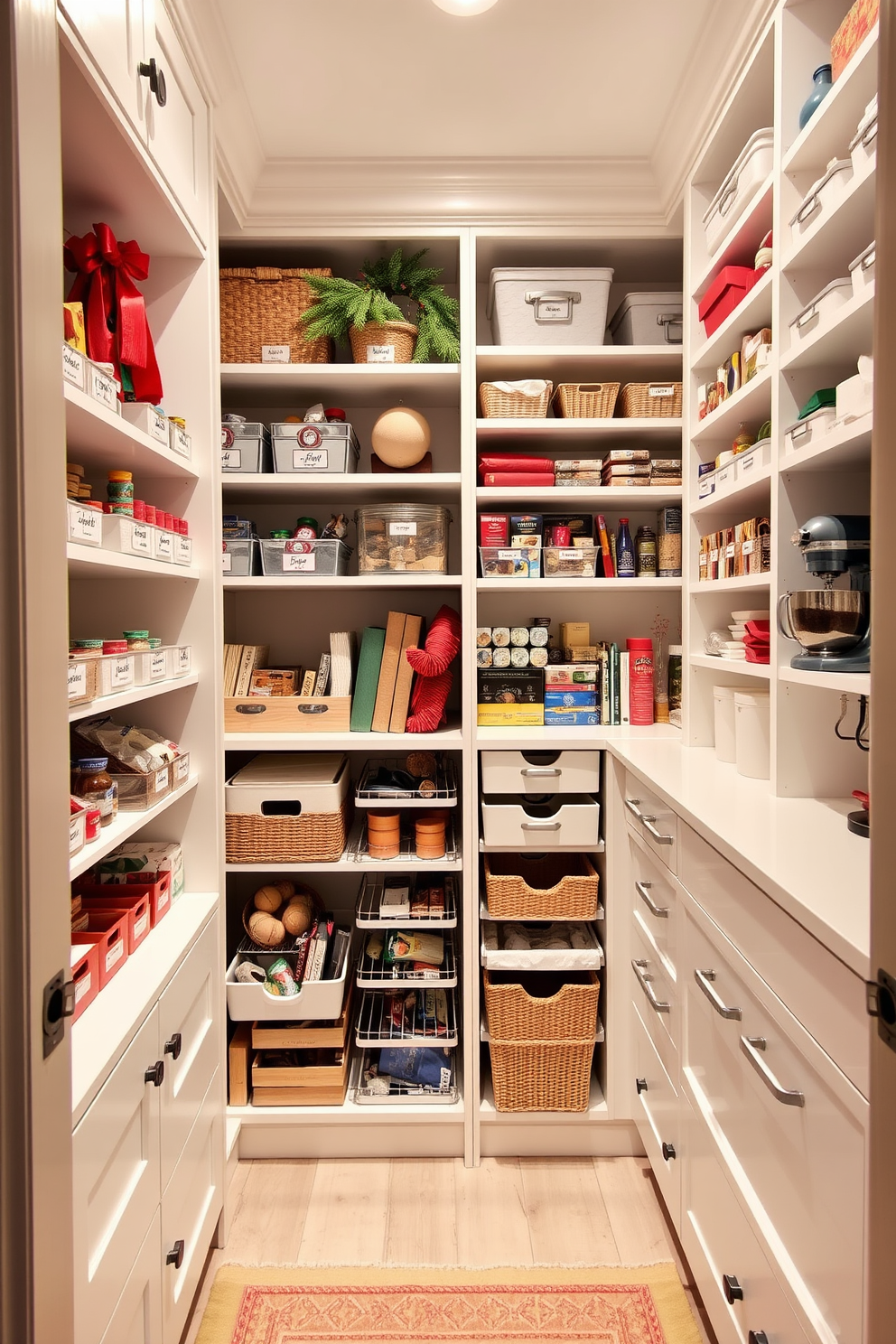 Seasonal storage for holiday items. A spacious closet with built-in shelving, featuring labeled bins for ornaments, lights, and wrapping supplies. Walk-In Pantry Design Ideas. A well-organized pantry with floor-to-ceiling shelves, incorporating pull-out drawers for easy access to dry goods and a dedicated space for small appliances.