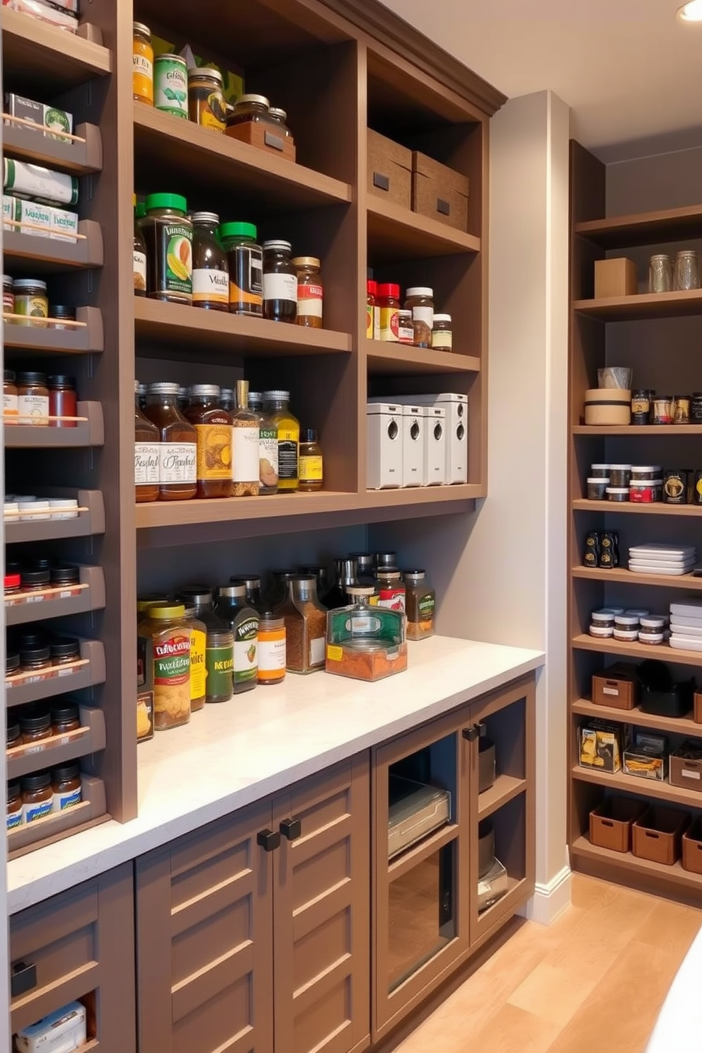 A spacious walk-in pantry with built-in spice racks for easy access and organization. The shelves are filled with various jars and containers, while a small countertop area provides space for meal prep and recipe planning.