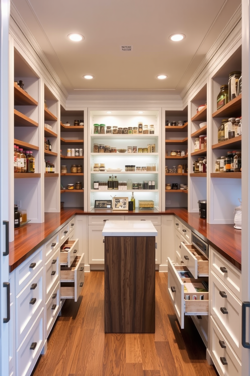 A walk-in pantry featuring pull-out drawers for hidden items creates a seamless and organized space. The cabinetry is finished in a soft white, while the countertops are a rich walnut, providing a warm contrast. The pantry is illuminated by recessed lighting, highlighting the neatly arranged shelves filled with jars and spices. A small island in the center offers additional prep space and storage, enhancing functionality and style.