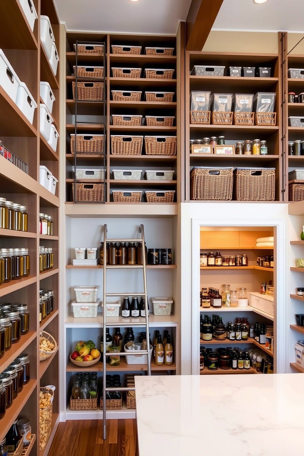 Vertical storage for maximizing space. Imagine tall shelves reaching up to the ceiling, filled with neatly organized bins and baskets. A sleek ladder leans against the shelves, allowing easy access to items at the top. The walls are painted in a light color to enhance the feeling of openness. Walk-In Pantry Design Ideas. Picture a spacious walk-in pantry with custom shelving on both sides, showcasing a variety of jars and containers. A large island in the center provides additional workspace and storage, while warm lighting creates an inviting atmosphere.