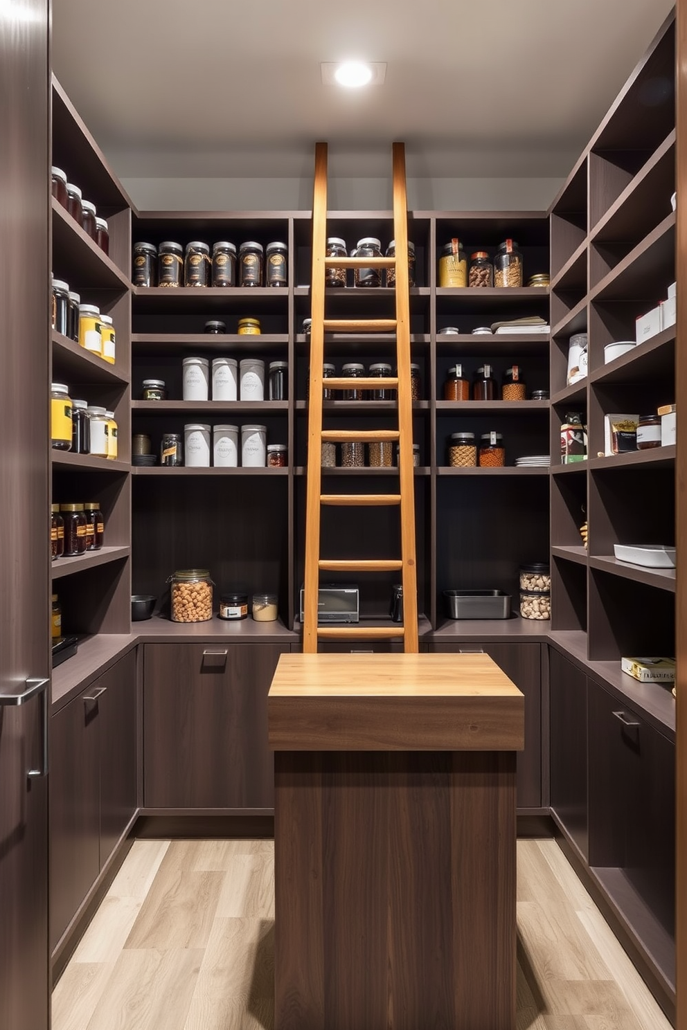 A sleek walk-in pantry featuring a wooden ladder for reaching high shelves. The shelves are filled with neatly organized jars and containers, and a small island in the center provides additional workspace.