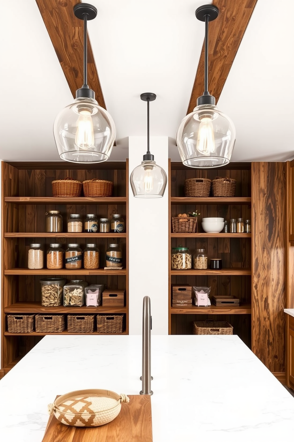 Custom lighting to brighten the space. Elegant pendant lights hang from the ceiling, casting a warm glow over the kitchen island. Walk-In Pantry Design Ideas. The pantry features open shelving made of reclaimed wood, with organized jars and baskets for easy access to dry goods.