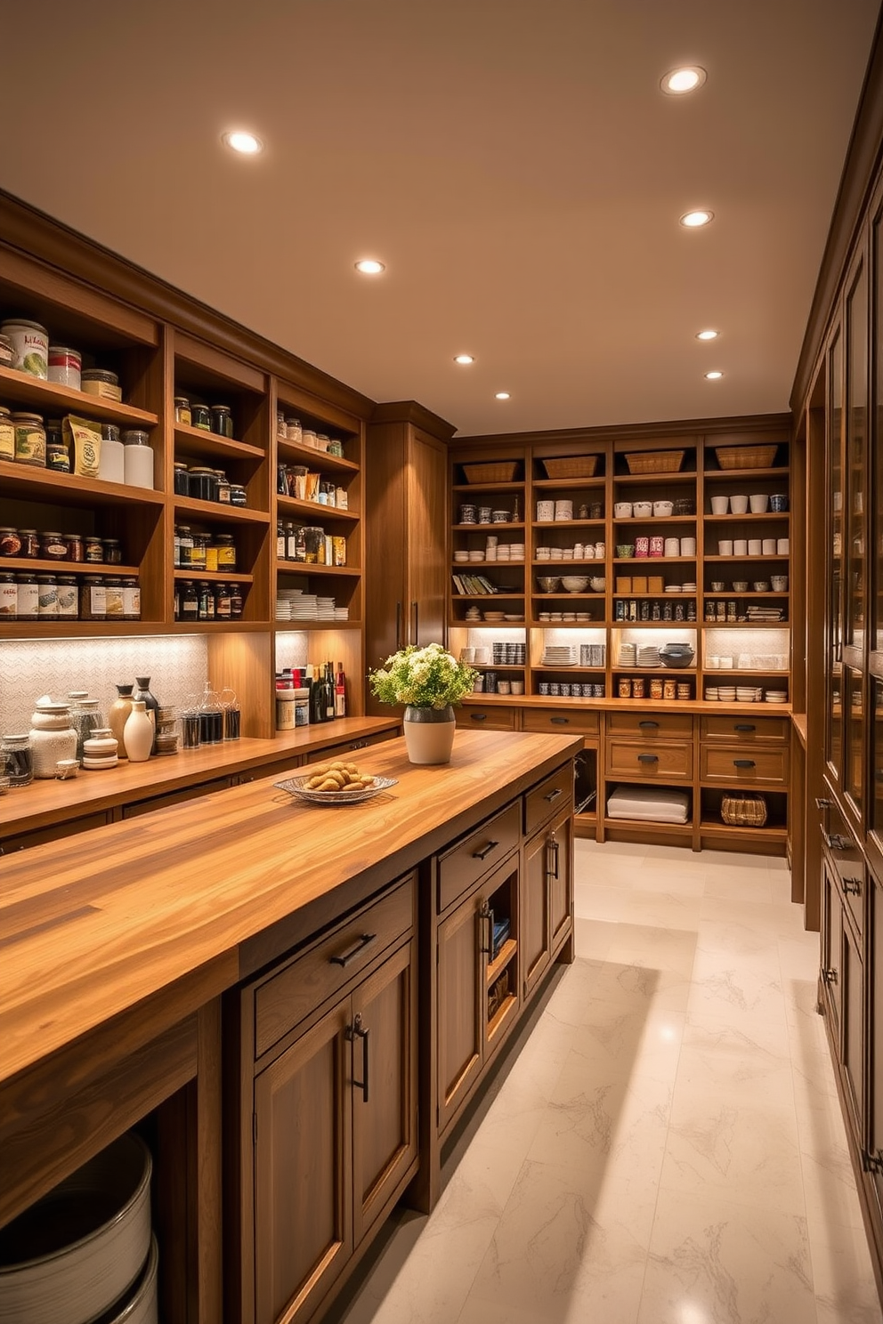 A spacious pantry island serves as an additional workspace with a large wooden countertop and ample storage underneath. The island is surrounded by open shelving filled with neatly organized jars and containers, showcasing a variety of ingredients. The walk-in pantry features floor-to-ceiling cabinetry with a combination of open and closed storage options. Soft lighting illuminates the space, highlighting the organized shelves and creating an inviting atmosphere.