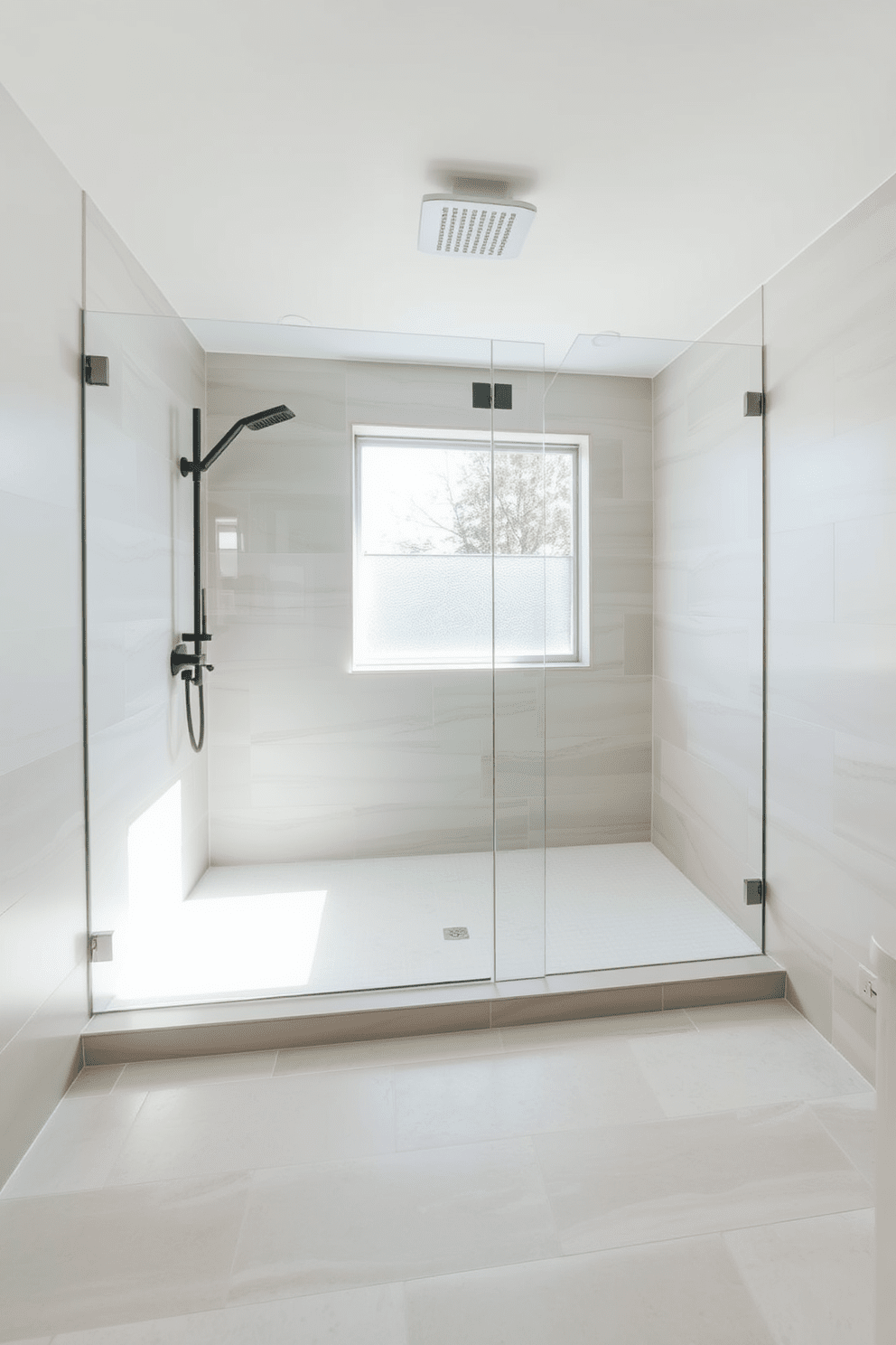 A spacious curbless walk-in shower features a seamless transition from the bathroom floor to the shower area. The walls are adorned with large format tiles in soft neutral tones, creating an inviting and open atmosphere. The shower includes a rain showerhead mounted on the ceiling and a sleek glass partition that maintains the flow of the space. Natural light floods in through a frosted window, enhancing the serene ambiance with a touch of greenery visible outside.