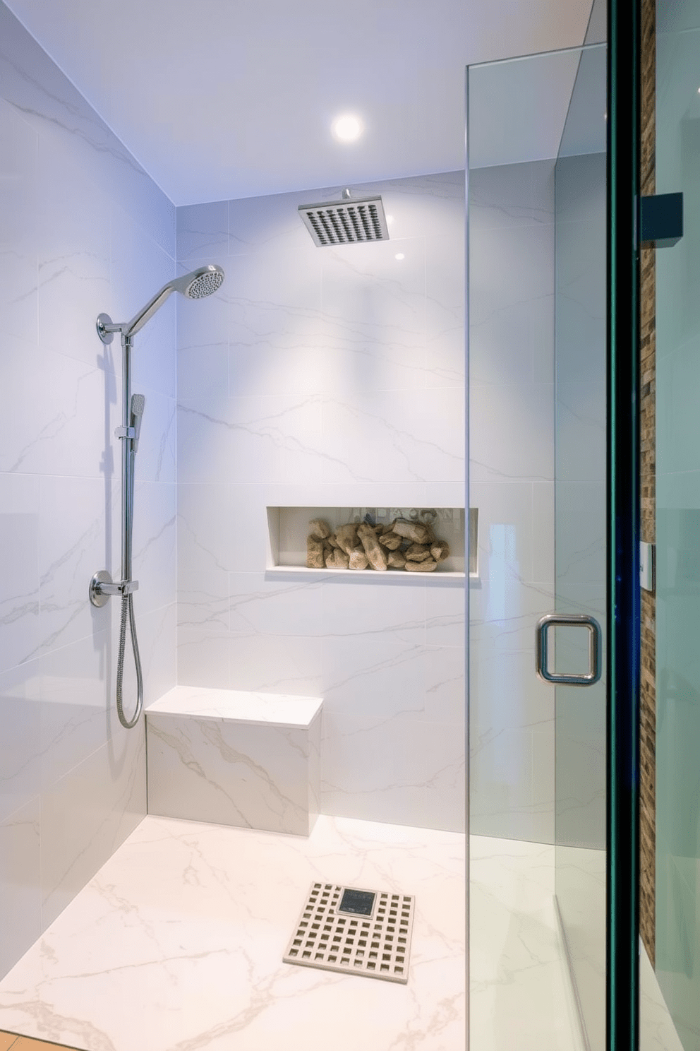 A luxurious walk-in shower featuring dual showerheads creates an inviting and opulent bathing experience. The walls are tiled with large format marble tiles, and a built-in bench provides both comfort and functionality. Soft ambient lighting highlights the elegant fixtures, while a sleek glass enclosure offers an unobstructed view of the stunning design. Natural stone accents add texture, and a rainfall showerhead enhances the spa-like atmosphere.