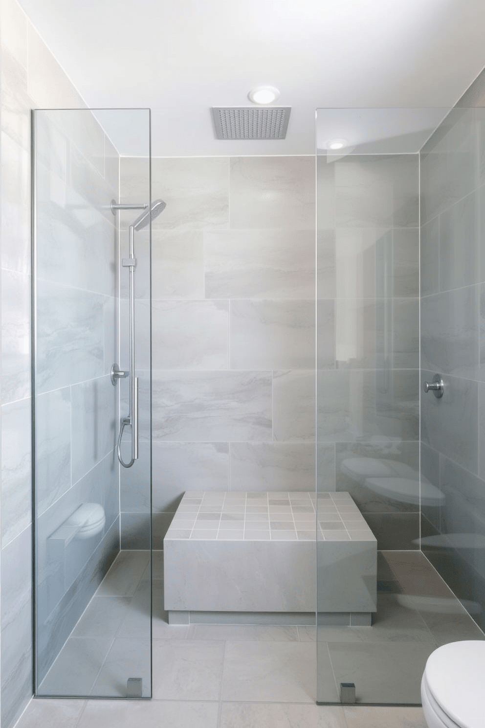 A luxurious walk-in shower features large format tiles that create a seamless and elegant appearance. The tiles are in a soft gray tone, extending from the floor to the ceiling, enhancing the spacious feel of the bathroom. A frameless glass shower enclosure allows for unobstructed views and a modern touch. A rainfall showerhead is installed overhead, complemented by a sleek, minimalist bench made of the same large format tiles.