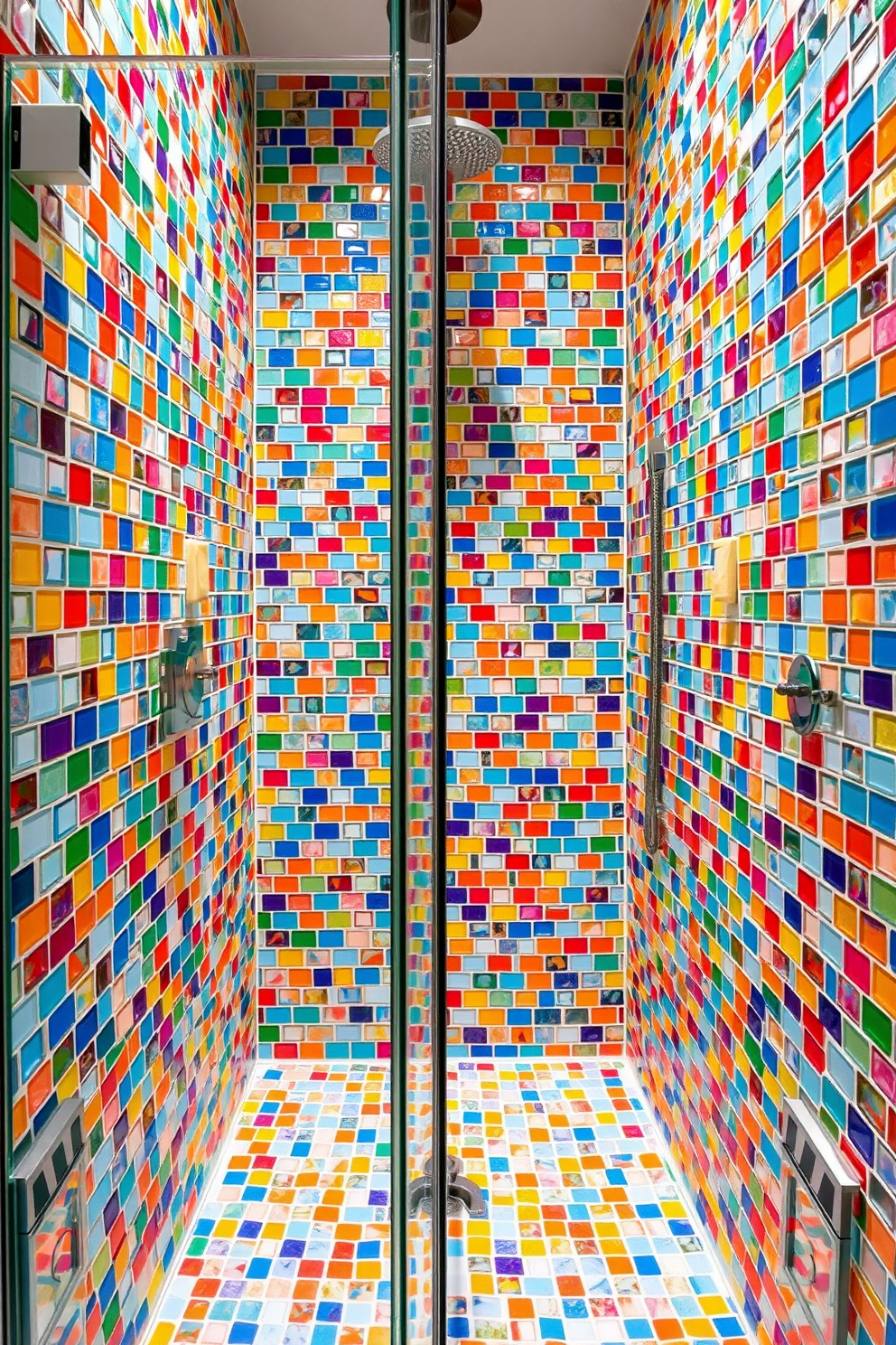 A vibrant walk-in shower features colorful mosaic tiles that add artistic flair to the space. The walls are adorned with an array of bright tiles in various shapes and sizes, creating a stunning focal point.