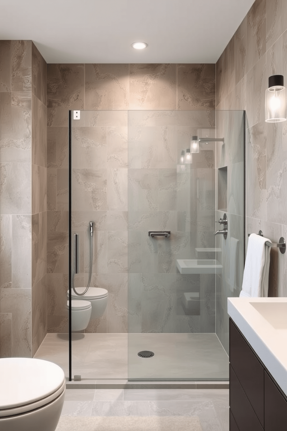 Textured walls for added depth create a visually striking backdrop in a luxurious bathroom. The walls feature a subtle plaster finish with varying tones that add warmth and character to the space. The walk-in shower is designed with large format tiles in a soft gray hue, creating a seamless flow from the bathroom floor. A frameless glass enclosure allows for an open feel while showcasing a rainfall showerhead and elegant fixtures.