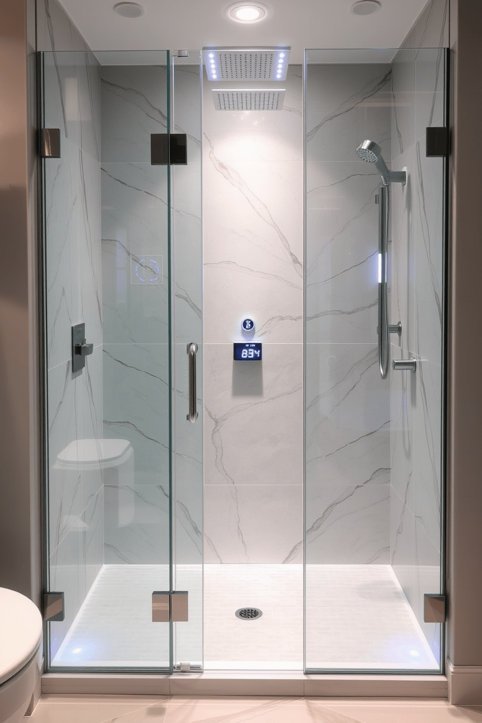 A contemporary walk-in shower features smart shower technology that allows for personalized temperature and water pressure settings. The sleek glass enclosure showcases elegant tile work and is complemented by a rainfall showerhead and built-in LED lighting for a luxurious experience.