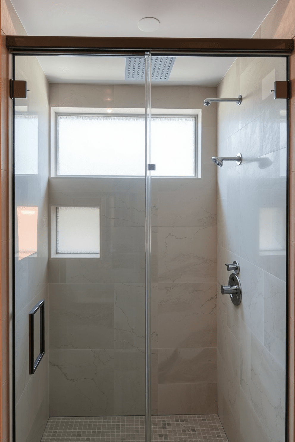 A luxurious walk-in shower design features frameless glass doors that provide unobstructed views of the serene bathroom space. The walls are adorned with large, textured tiles in soft neutral tones, creating a calming atmosphere. Inside the shower, a rain showerhead is mounted from the ceiling, complemented by a sleek, handheld shower fixture. Natural light filters in through a frosted glass window, enhancing the spa-like ambiance of the area.