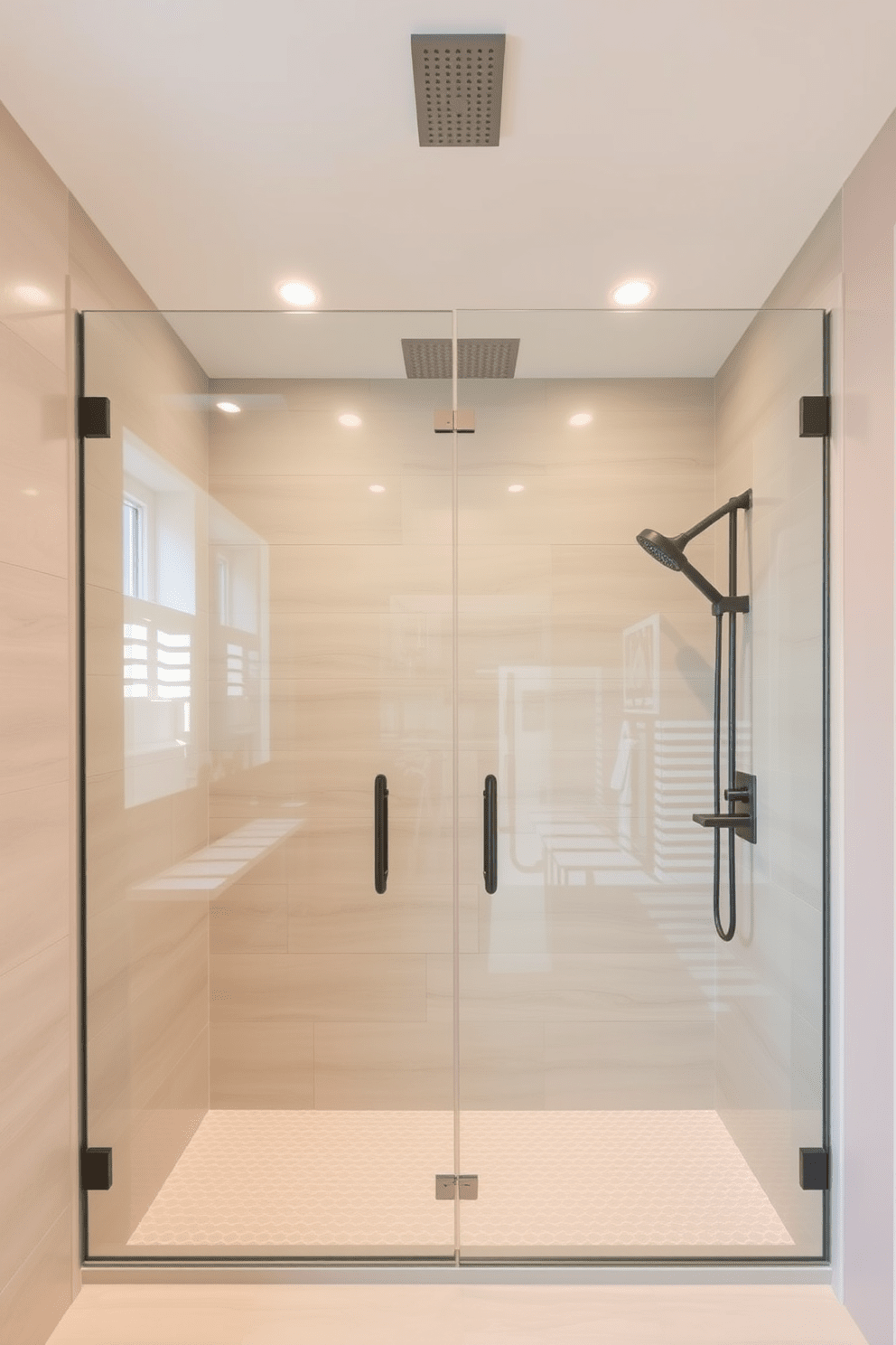 A modern bathroom featuring a spacious walk-in shower with frameless glass doors. The walls are adorned with large format tiles in soft beige tones, creating a seamless look. The shower area is illuminated by recessed LED lighting, enhancing the inviting ambiance of the space. A sleek rain showerhead is mounted on the ceiling, providing a luxurious experience.