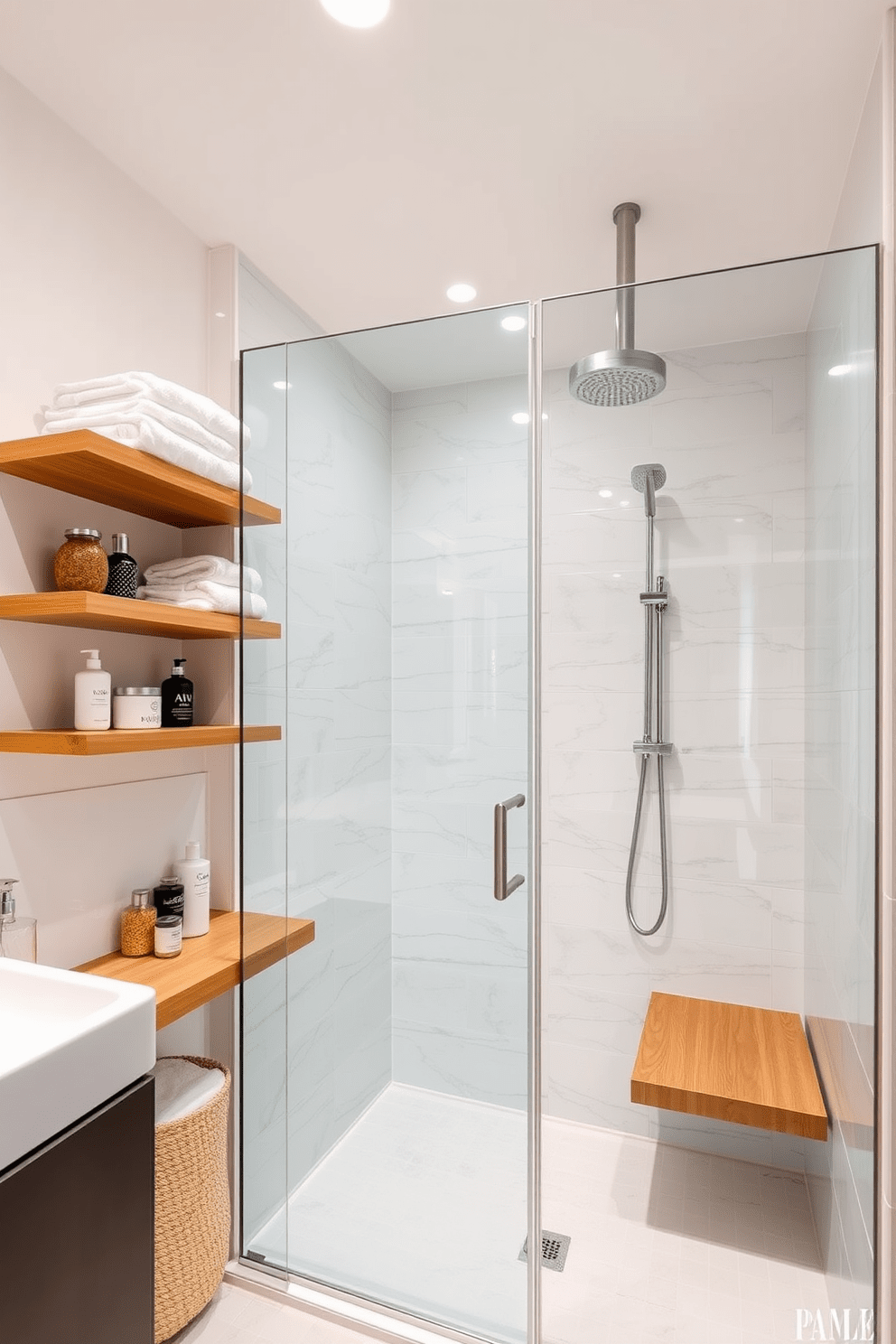 A modern bathroom featuring open shelving for easy access to essentials. The shelves are made of natural wood and are filled with neatly arranged towels, toiletries, and decorative items. The walk-in shower is spacious and elegantly designed with floor-to-ceiling glass panels. The shower walls are adorned with large white tiles, complemented by a sleek rainfall showerhead and a built-in bench.