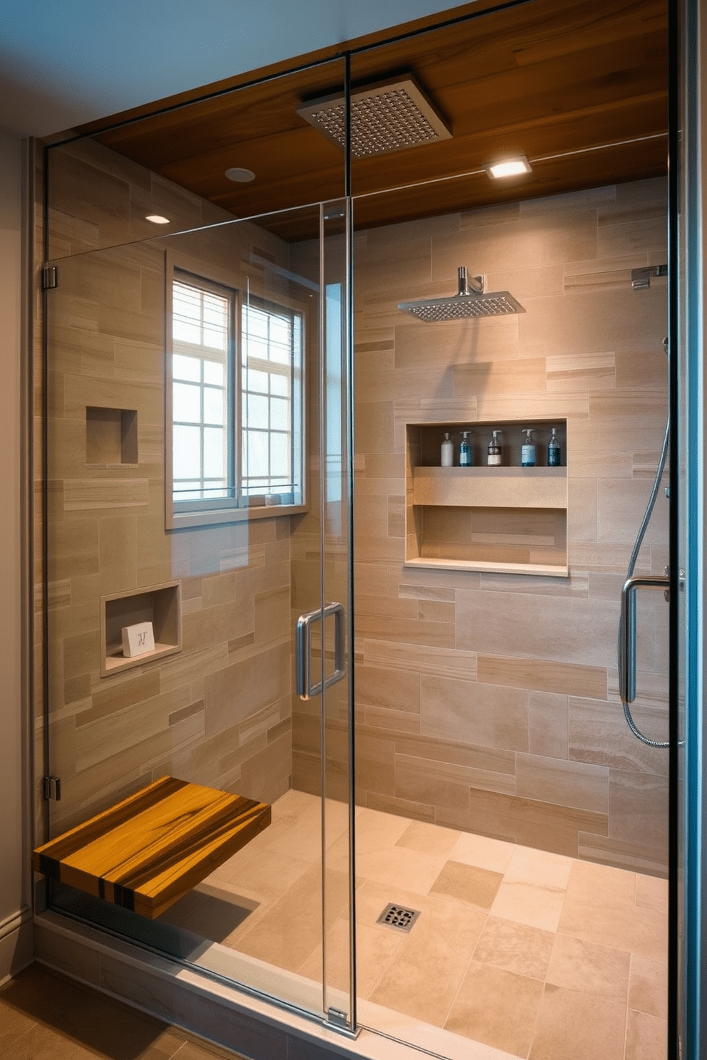 A luxurious walk-in shower features sleek glass doors and a rainfall showerhead. The walls are adorned with natural stone tiles, complemented by warm wood accents that create a cozy atmosphere. The shower area is spacious, with built-in shelves for toiletries and a bench made of reclaimed wood. Soft, ambient lighting highlights the elegant design while enhancing the warm tones of the wood and stone.