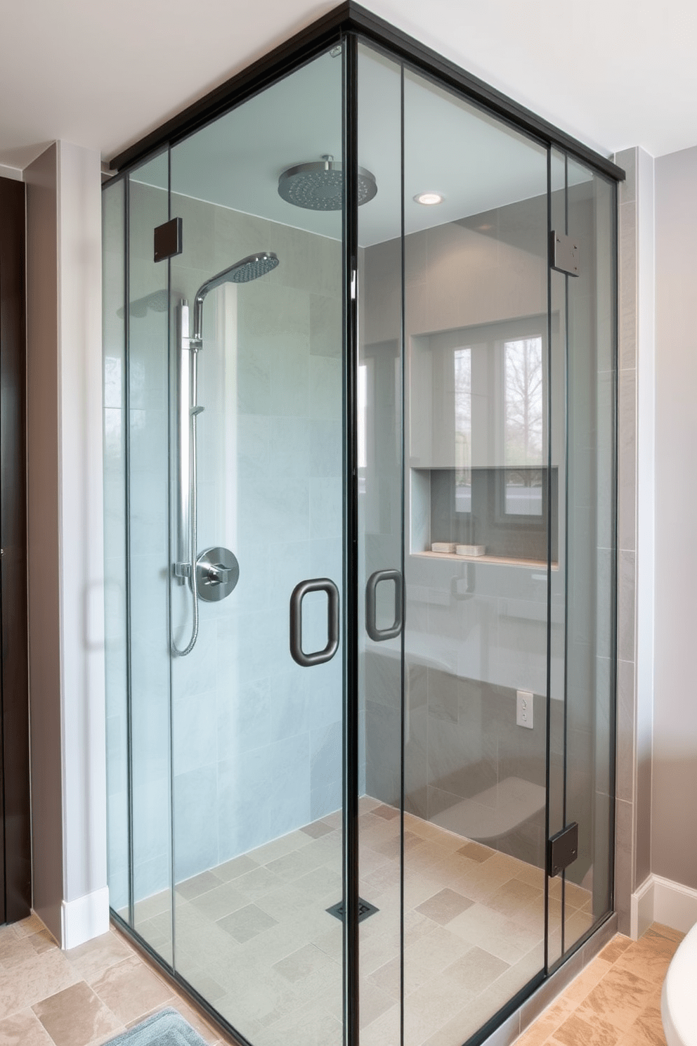 A corner shower designed to maximize space features sleek glass panels that create an open feel. The walls are tiled in a soft gray, complemented by a modern rainfall showerhead and minimalist fixtures. The walk-in shower concept showcases a seamless transition from the bathroom floor to the shower area. Natural stone tiles in warm tones enhance the luxurious ambiance, while built-in shelves provide convenient storage for toiletries.