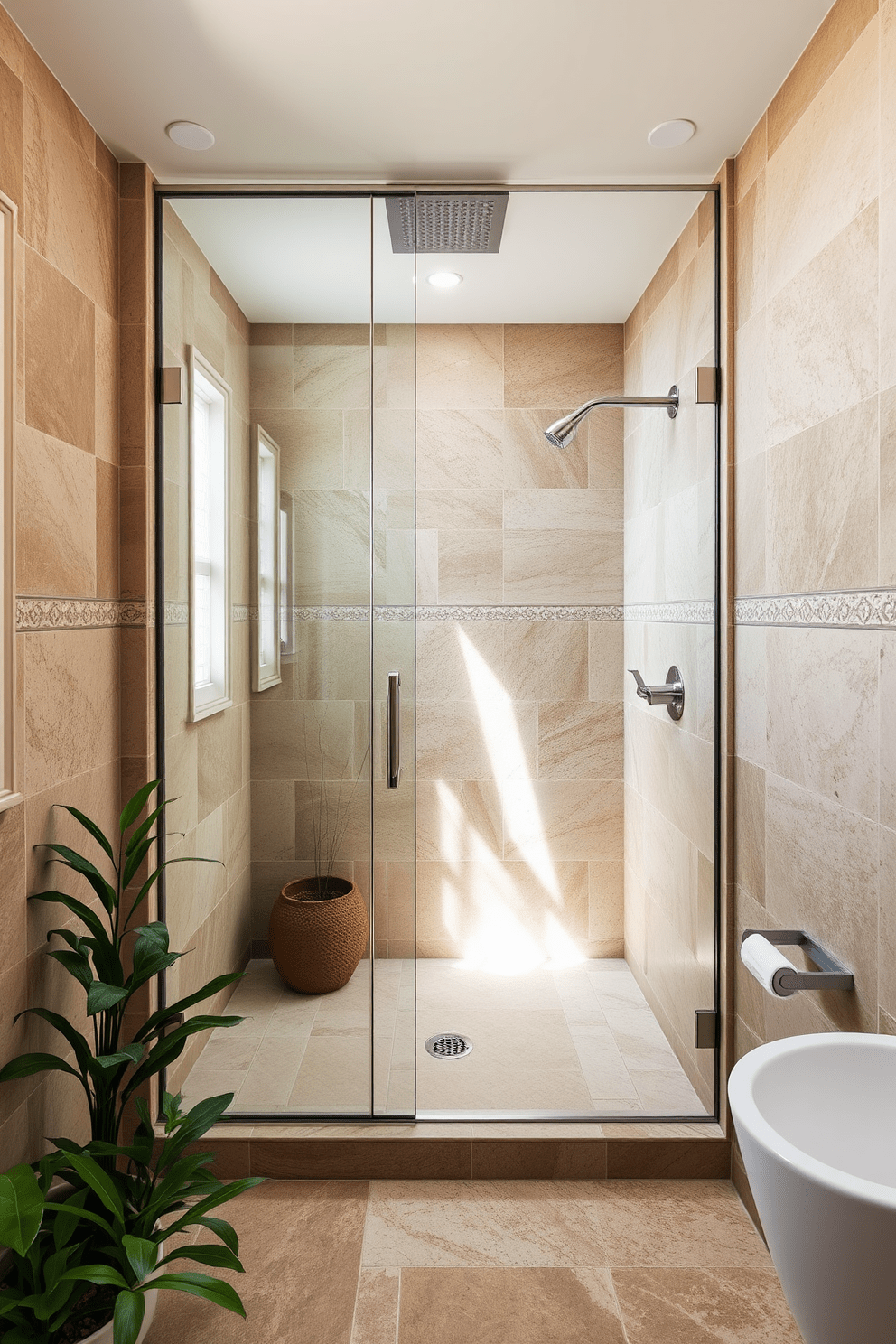 A serene bathroom space featuring natural stone tiles that evoke a spa-like atmosphere. The walk-in shower is elegantly designed with seamless glass doors and a rainfall showerhead, surrounded by lush greenery for a refreshing touch.