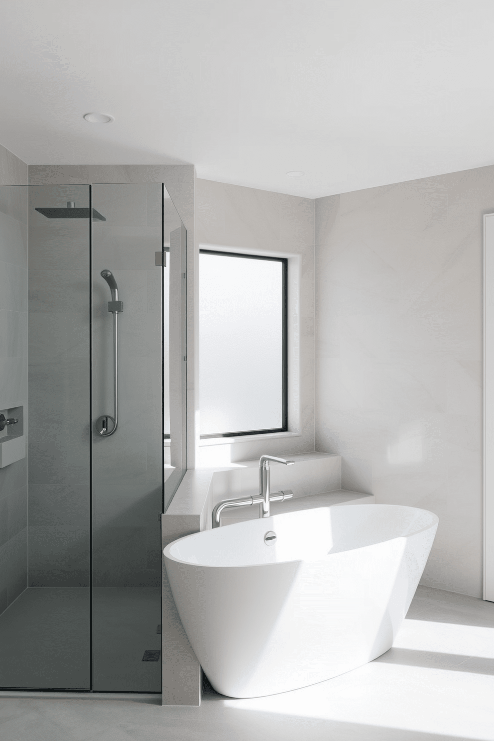 A modern bathroom featuring a walk-in tub that seamlessly integrates with a spacious walk-in shower. The tub is elegantly designed with a sleek, freestanding silhouette, while the shower area boasts glass walls and rainfall showerhead. The walls are adorned with large format tiles in a soft gray tone, creating a calming atmosphere. Natural light filters in through a frosted window, highlighting the minimalist aesthetic of the space.