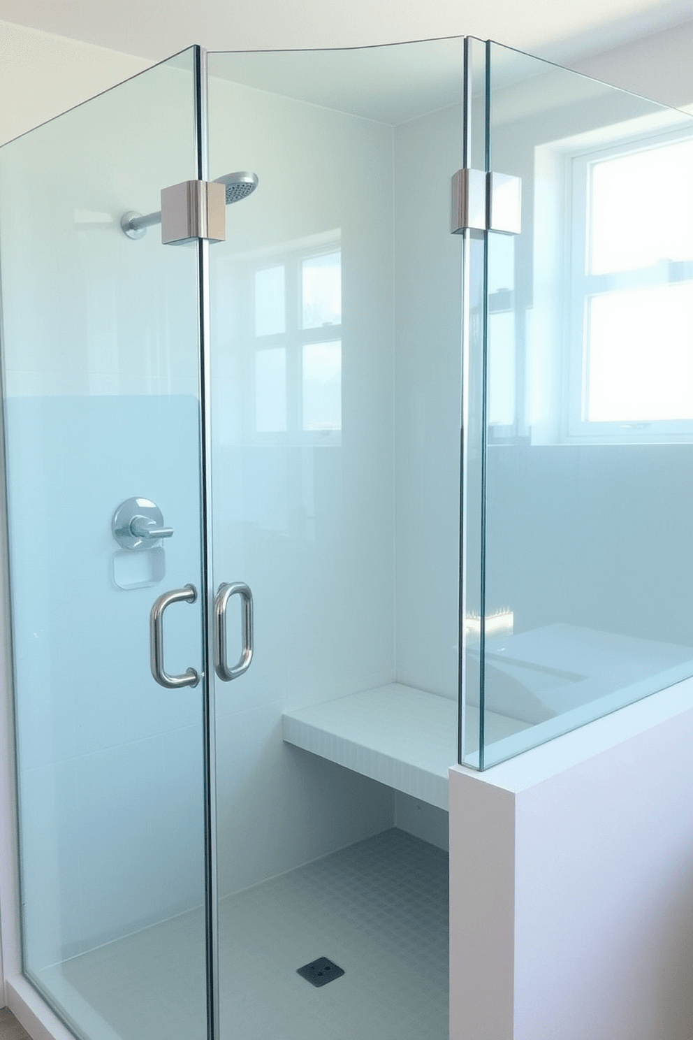 A modern walk-in shower design featuring translucent glass panels that provide privacy while allowing natural light to filter through. The shower area is accented with sleek chrome fixtures and a built-in bench for added comfort and convenience.