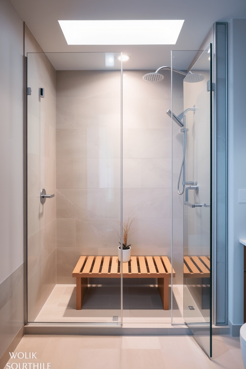 A serene bathroom retreat featuring a walk-in shower with glass doors and sleek chrome fixtures. The walls are adorned with large format tiles in soft beige tones, complemented by a neutral palette that enhances the calming atmosphere. The shower area is framed by a minimalist bench made of natural wood, providing a warm contrast to the cool tile. Soft lighting fixtures are strategically placed to create an inviting glow, while a simple potted plant adds a touch of nature to the space.