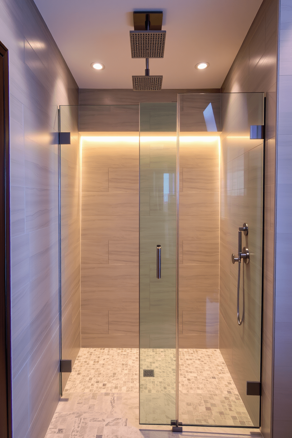 A modern walk-in shower features integrated lighting in the alcove, creating a warm and inviting atmosphere. The walls are adorned with large format tiles in a soft gray, complemented by a sleek glass door that opens to the shower space. The shower floor is finished with textured stone tiles for added grip and style. A rain showerhead is positioned above, while recessed lighting highlights the elegant fixtures and creates a spa-like ambiance.