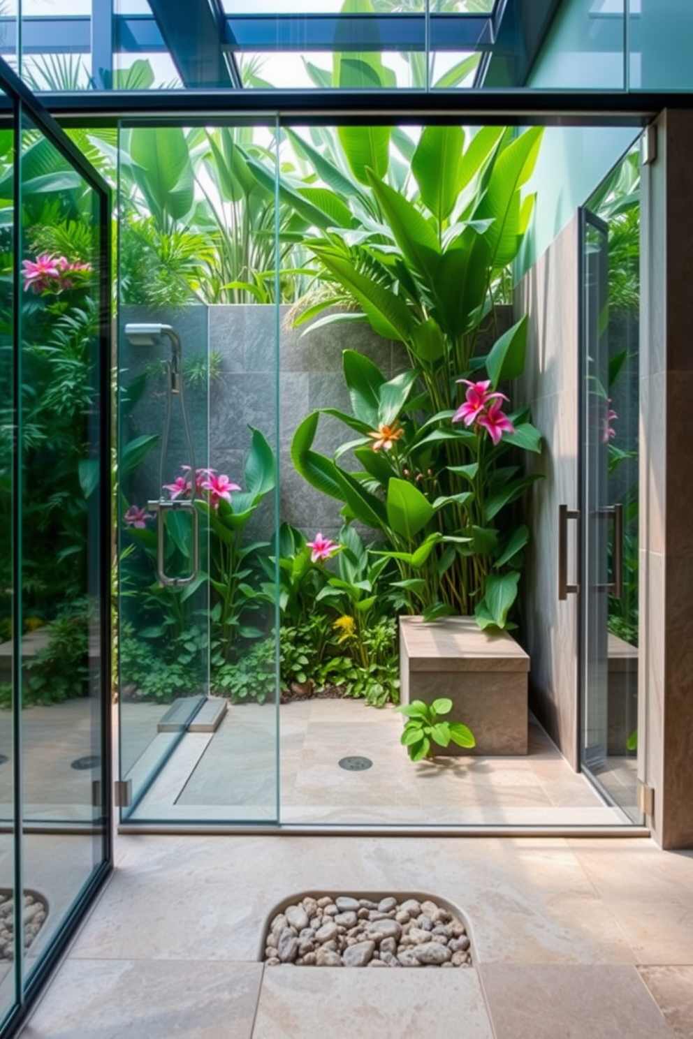 A serene shower garden featuring lush greenery and vibrant flowers creates a refreshing atmosphere. The walk-in shower is designed with large glass panels, allowing natural light to flood the space while providing a seamless connection to the outdoors. The shower area includes a rain showerhead and a built-in bench surrounded by tropical plants. Elegant stone tiles in soft earth tones enhance the tranquil vibe, while a small pebble path leads to the entrance of the shower.