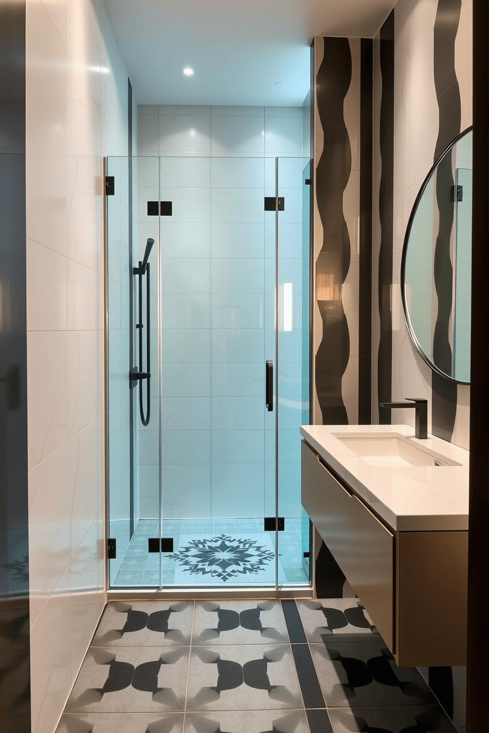 A contemporary walk-in shower bathroom featuring sleek geometric patterns on the walls and floor. The shower area is enclosed with clear glass panels, showcasing bold tile designs in contrasting colors that create a striking visual effect. The vanity is minimalist with clean lines, complemented by a large round mirror that reflects the geometric motifs. Soft ambient lighting highlights the textures, creating a serene and stylish atmosphere in the space.