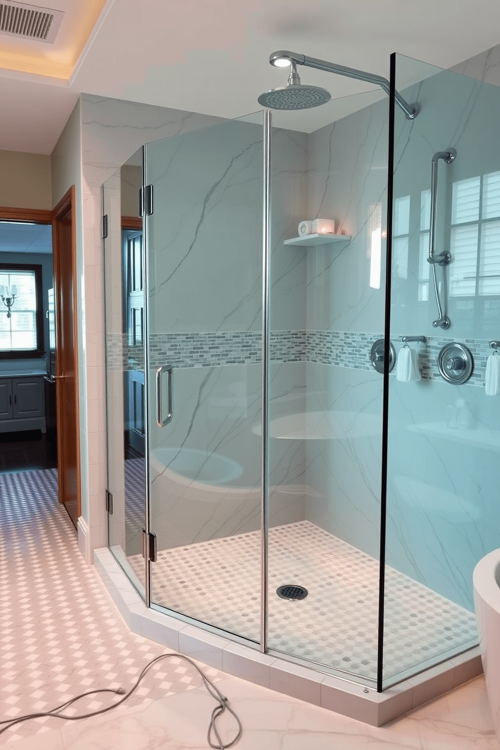 Heated floors provide a luxurious touch to the bathroom, ensuring warmth and comfort throughout the year. The walk-in shower features elegant glass doors, a rainfall showerhead, and stylish tile work that creates a spa-like atmosphere.