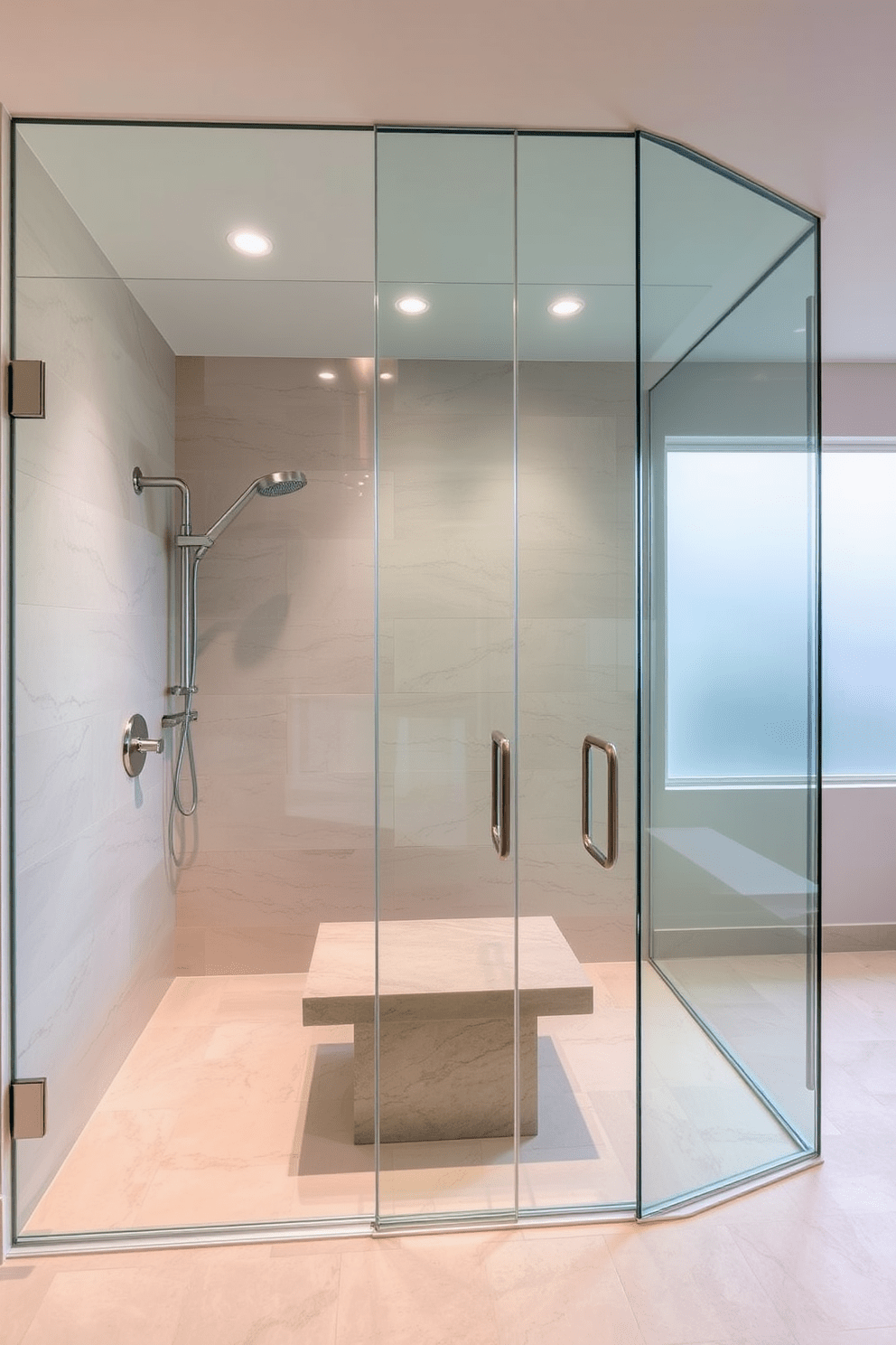 A luxurious walk-in shower features floor-to-ceiling glass panels that create an open and airy atmosphere. The shower is equipped with a rain showerhead and a sleek bench made of natural stone for added comfort. The walls are adorned with large format tiles in a soft neutral tone, enhancing the serene ambiance. Soft LED lighting is integrated into the ceiling to provide a warm glow, perfect for relaxation.