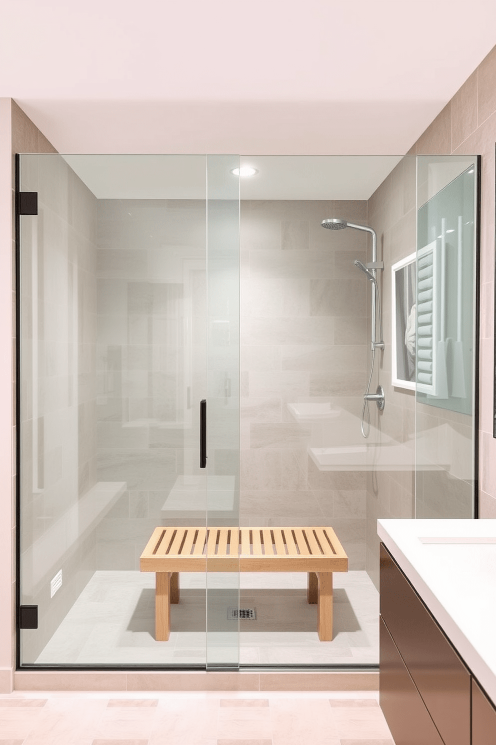 A modern bathroom featuring a spacious walk-in shower with sleek glass panels. The design includes a textured shower curtain that adds a touch of elegance while providing flexible privacy. The walls are adorned with large format tiles in soft neutral tones, complemented by a stylish rainfall showerhead. A minimalist wooden bench is positioned inside the shower for convenience, enhancing the overall functionality of the space.