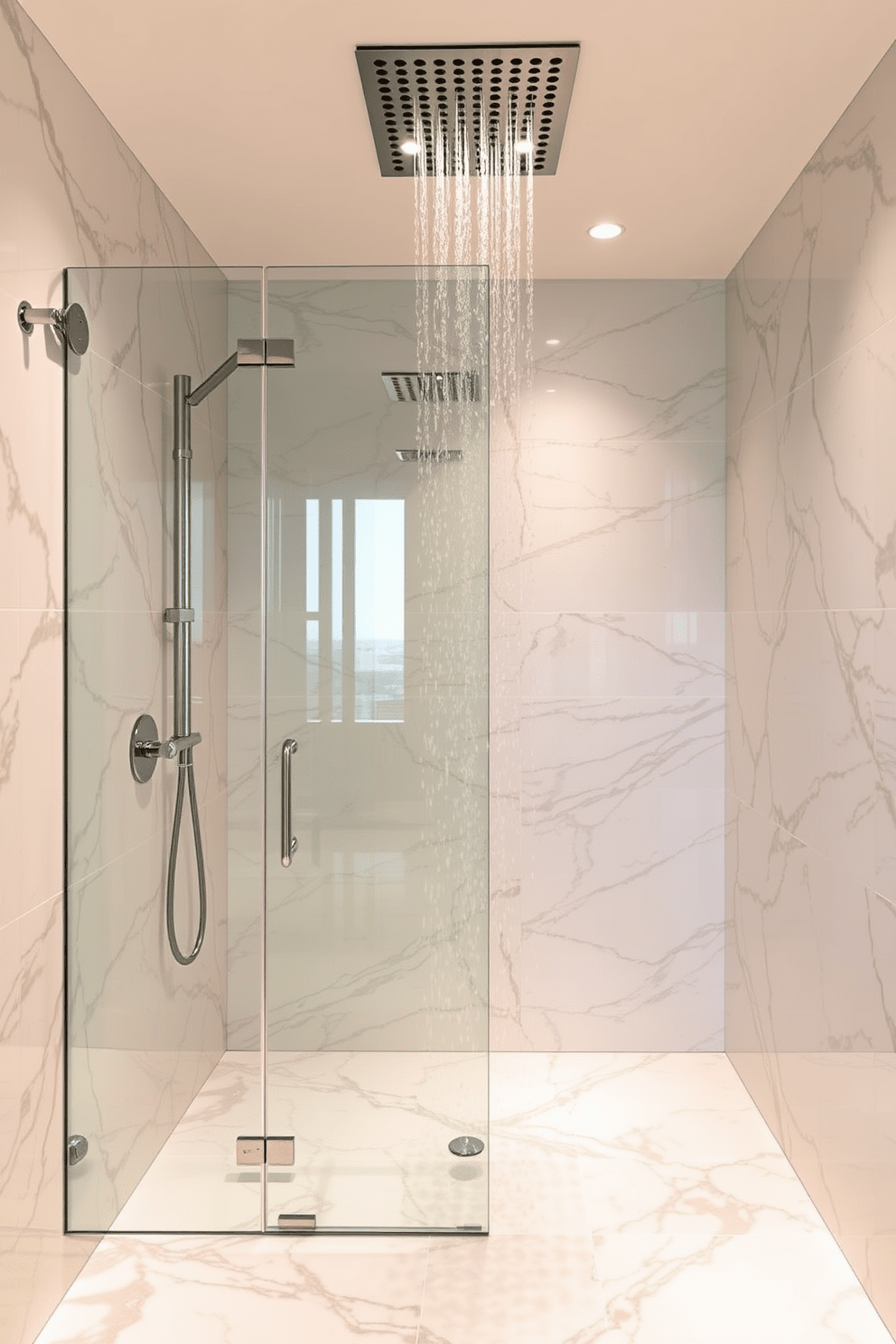 A luxurious walk-in shower features a rainfall showerhead that creates a spa-like experience. The walls are adorned with large marble tiles, and a sleek glass partition separates the shower area from the rest of the bathroom.