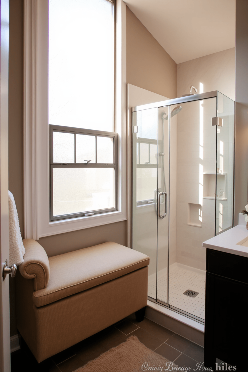 A cozy bathroom design featuring a built-in bench for comfort and convenience. The bench is upholstered in soft fabric and positioned near the walk-in shower for easy access. The walk-in shower is spacious and elegantly designed with glass doors and modern fixtures. Natural light floods the space through a frosted window, enhancing the serene atmosphere.