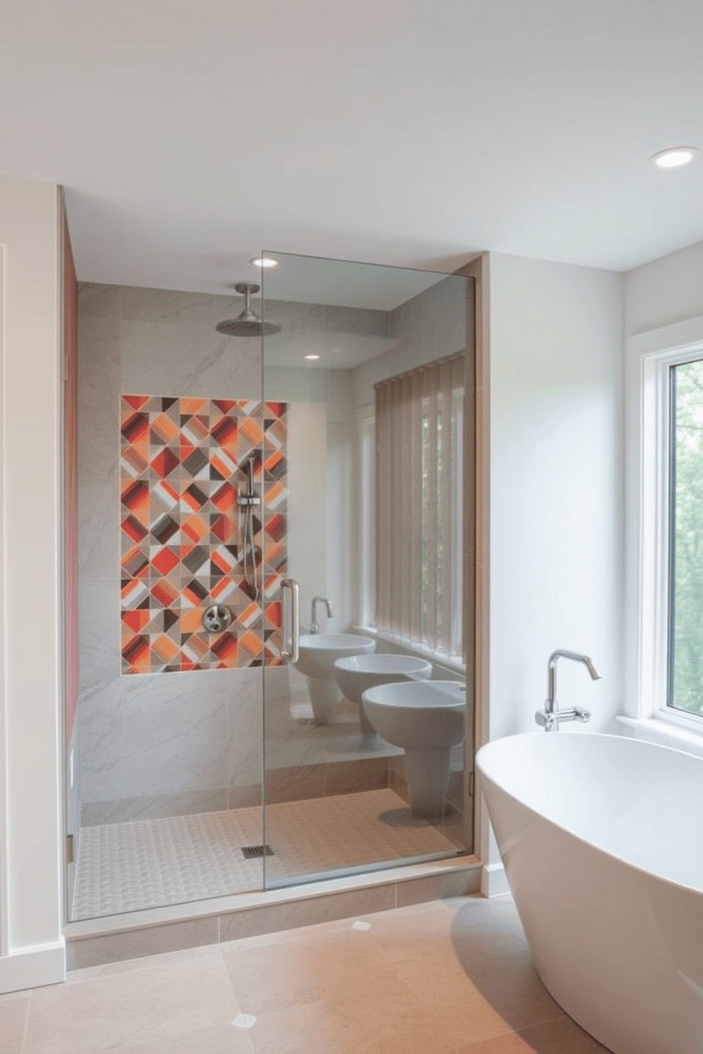 A walk-in shower featuring bold accent tiles creates a striking visual impact in the bathroom. The shower walls are adorned with vibrant geometric tiles that contrast beautifully with the neutral tones of the surrounding space. The sleek glass enclosure allows for an open feel, while the rainfall showerhead adds a touch of luxury. Complementing the shower is a modern freestanding tub positioned near a large window, allowing natural light to flood the room.